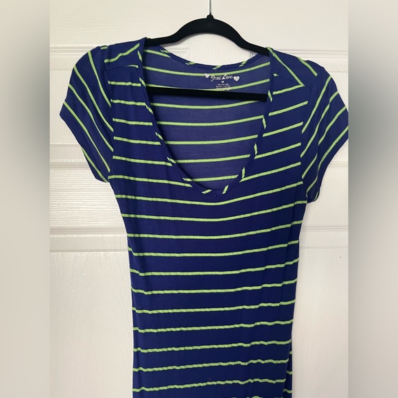 Blue and neon lime green striped maxi sundress T-shirt Dress (used) - Picture 3 of 4